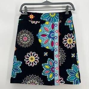 Vintage Carlisle 80s Abstract Skirt US 0 Black Colorful Pastel Teal Cotton Silk
